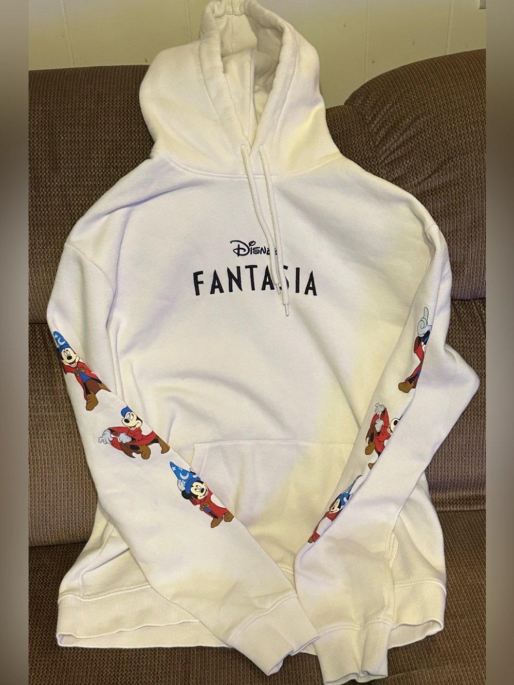 Disney White Fantasia Hoodie with Sorcerer Mickey Sleeve Art, size large